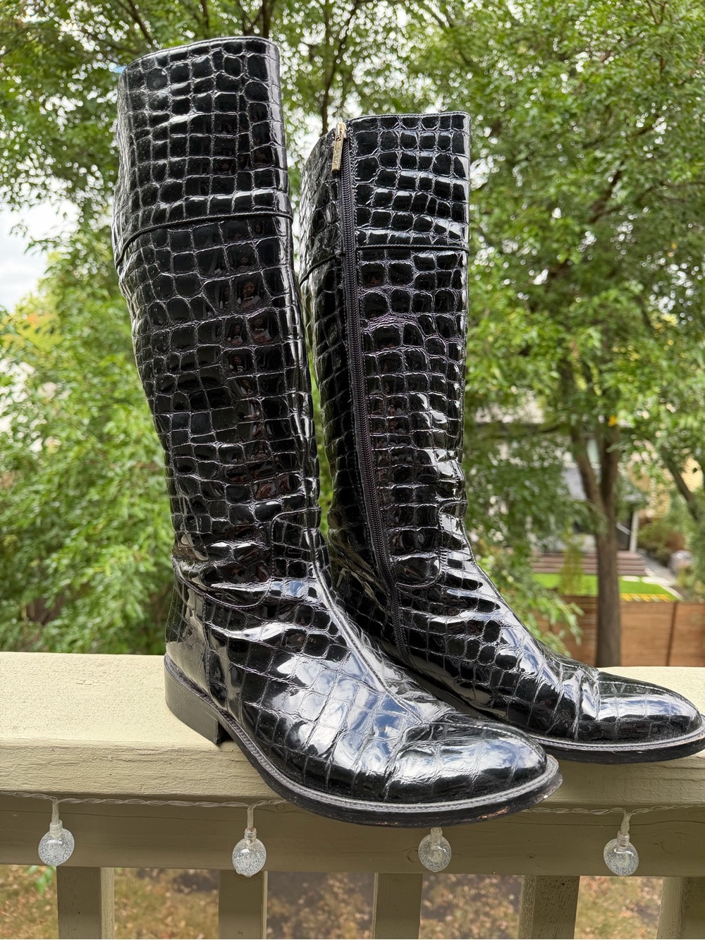 Marina Rinaldi Black Patent Croc-Embossed Knee Boots